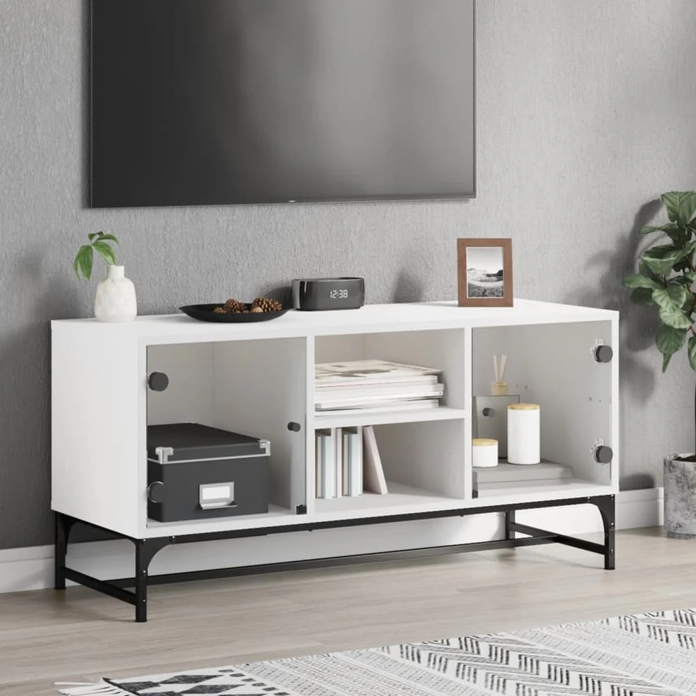 TV staliukas TV spintelė su stiklinėmis durelėmis, balta, 102x37x50cm