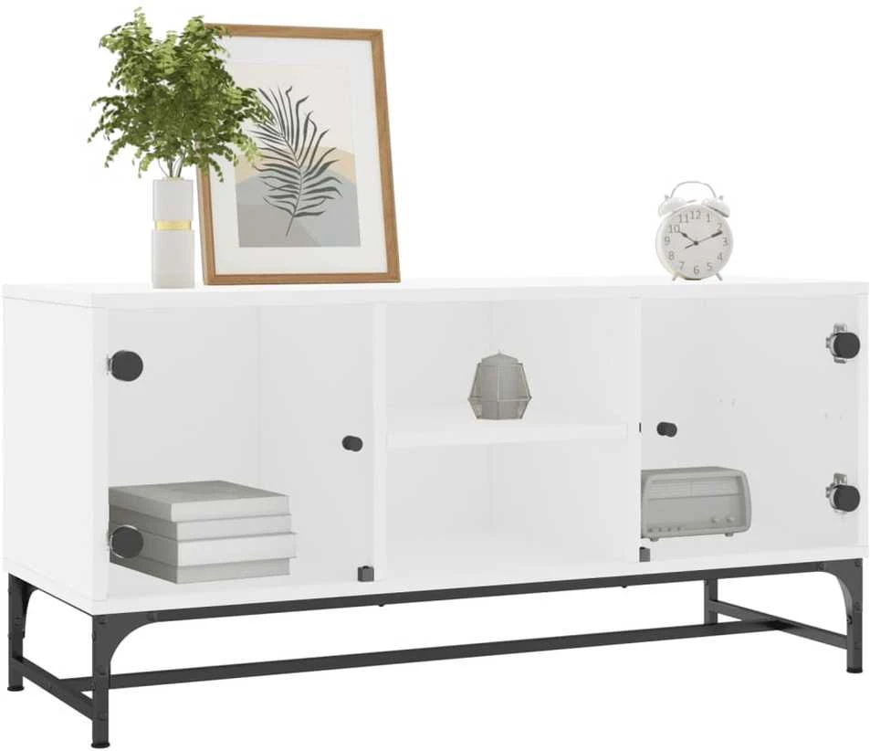 TV staliukas TV spintelė su stiklinėmis durelėmis, balta, 102x37x50cm