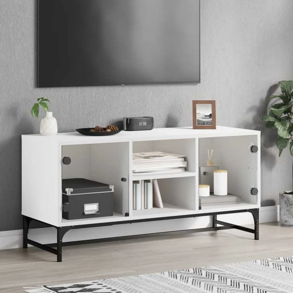 TV staliukas TV spintelė su stiklinėmis durelėmis, balta, 102x37x50cm
