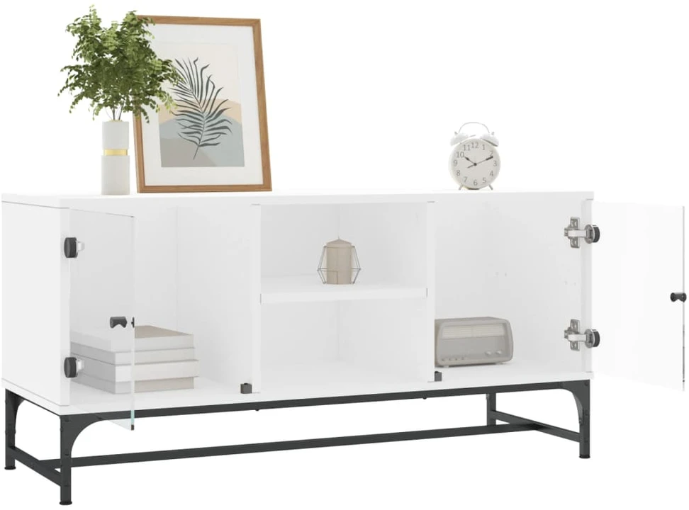 TV staliukas TV spintelė su stiklinėmis durelėmis, balta, 102x37x50cm