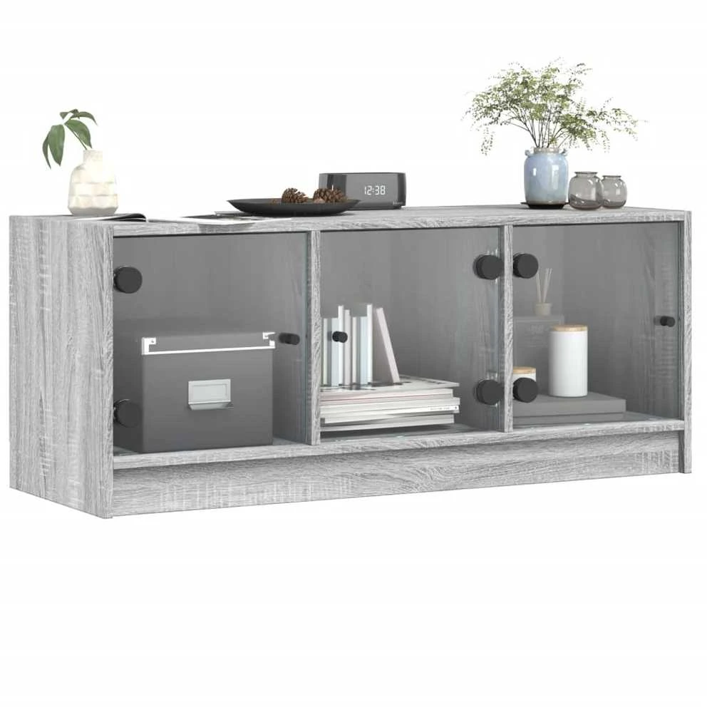 TV staliukas TV spintelė su stiklinėmis durelėmis, pilka ąžuolo, 102x37x42cm