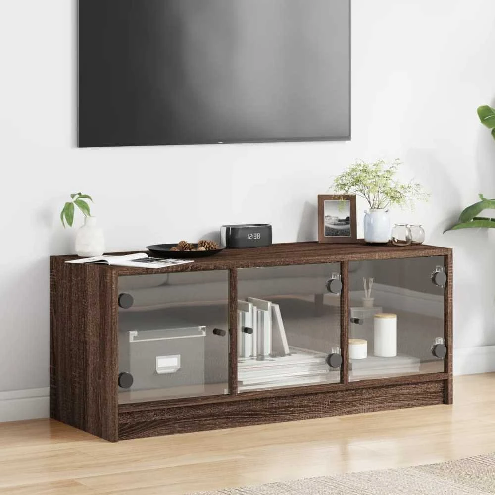 TV staliukas TV spintelė su stiklinėmis durelėmis, ruda ąžuolo, 102x37x42cm