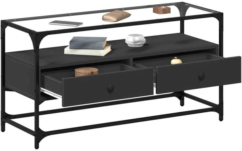 TV staliukas TV spintelė su stikliniu stalviršiu, juoda, 98x35x51cm, mediena