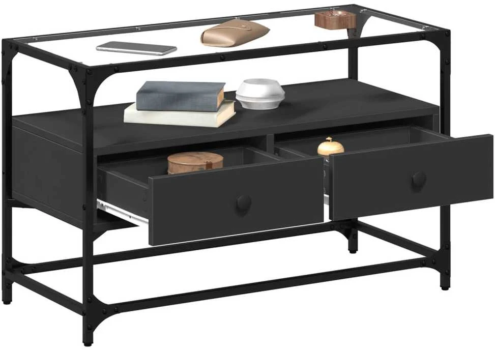 TV staliukas TV spintelė su stikliniu stalviršiu, juoda, 80x35x51cm, mediena