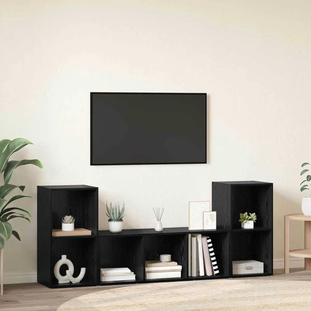 TV staliukas TV spintelių komplektas 3 vnt. Juoda Apdirbta mediena