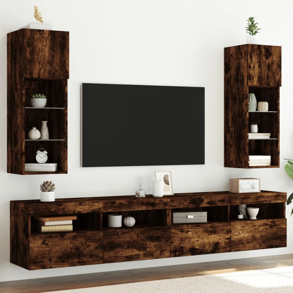 TV staliukas TV spintelės su LED, 2vnt., dūminio ąžuolo, 30,5x30x90cm