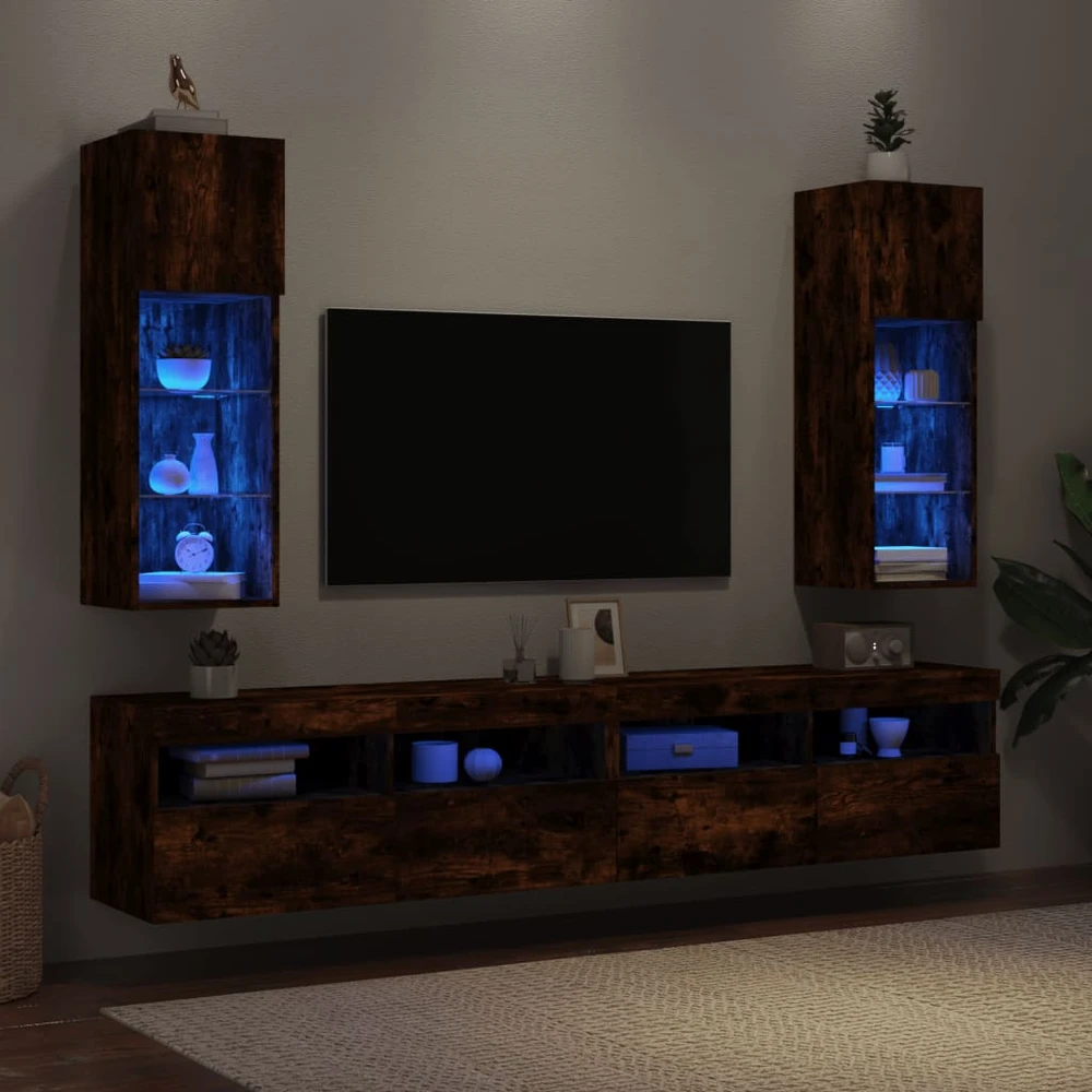 TV staliukas TV spintelės su LED, 2vnt., dūminio ąžuolo, 30,5x30x90cm