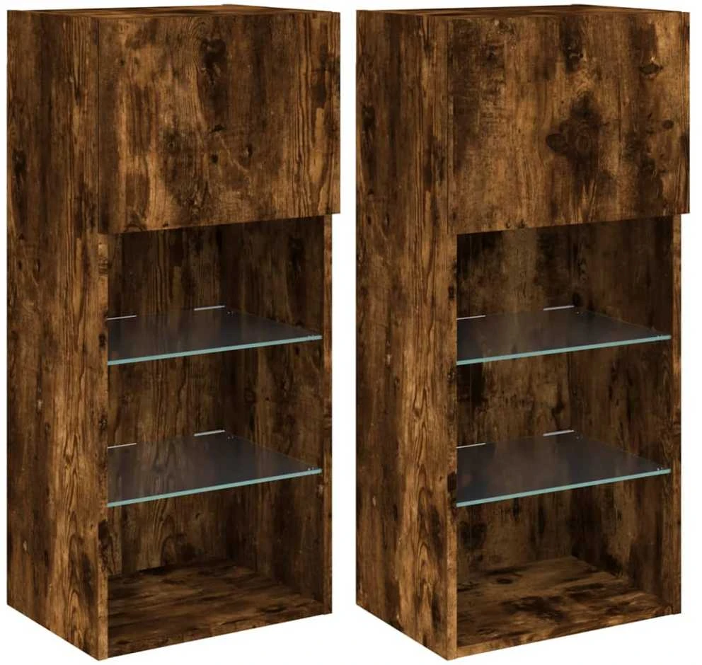 TV staliukas TV spintelės su LED, 2vnt., dūminio ąžuolo, 40,5x30x90cm
