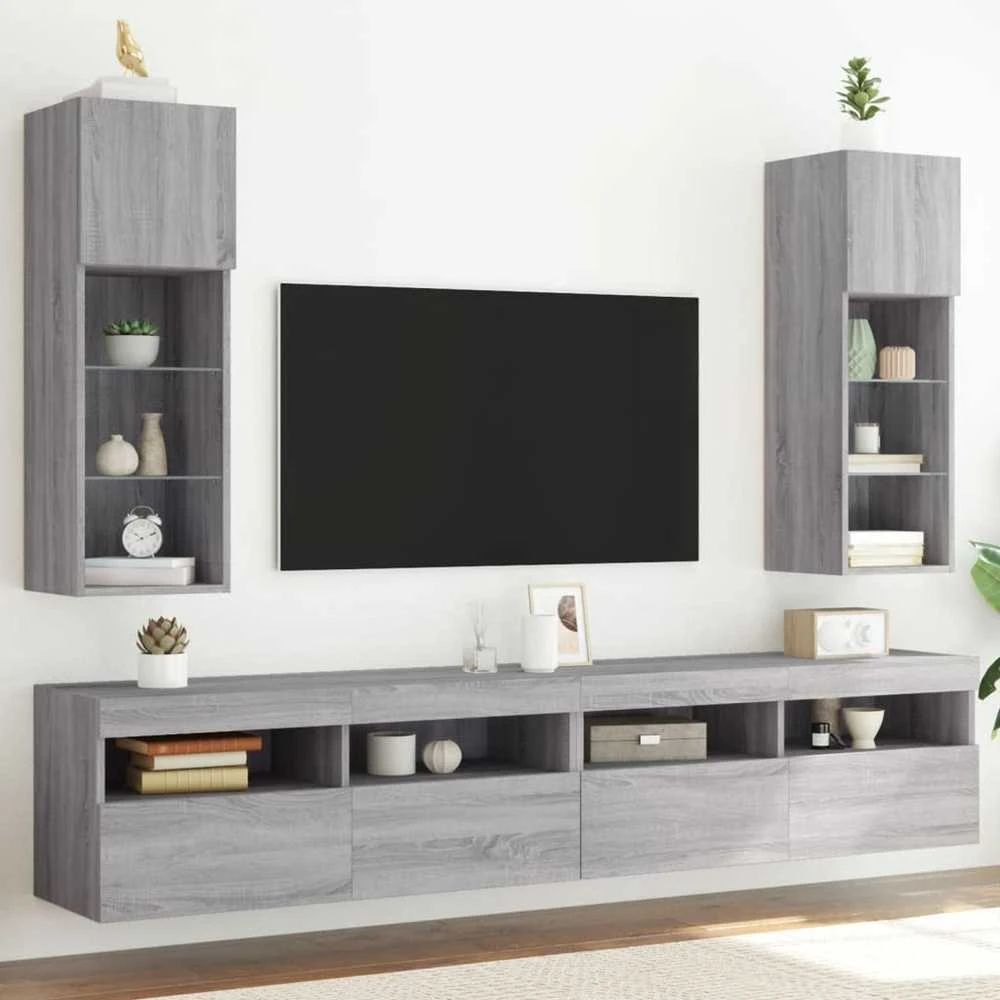 TV staliukas TV spintelės su LED, 2vnt., pilkos ąžuolo, 30,5x30x90cm