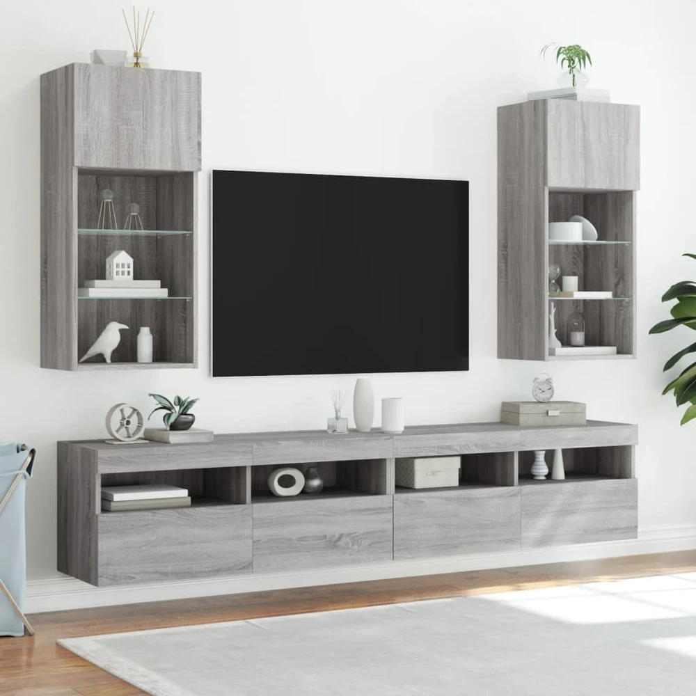 TV staliukas TV spintelės su LED, 2vnt., pilkos ąžuolo, 40,5x30x90cm