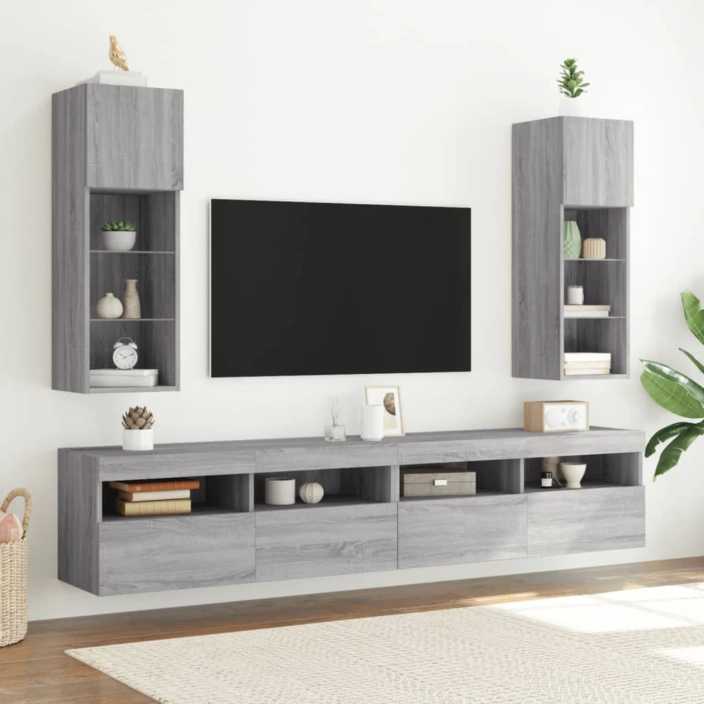 TV staliukas TV spintelės su LED, 2vnt., pilkos ąžuolo, 30,5x30x90cm