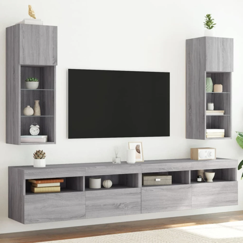 TV staliukas TV spintelės su LED, 2vnt., pilkos ąžuolo, 30,5x30x90cm