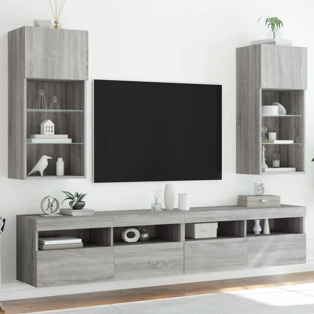 TV staliukas TV spintelės su LED, 2vnt., pilkos ąžuolo, 40,5x30x90cm