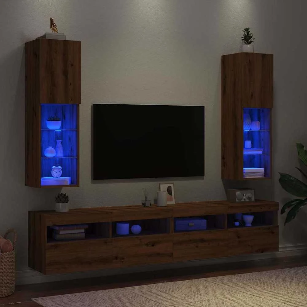 TV staliukas TV spintelės su LED, 2vnt., rudos ąžuolo, 30,5x30x102cm