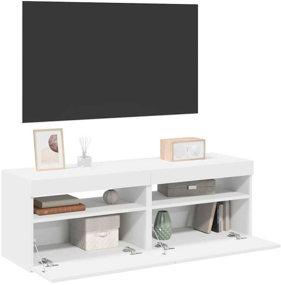 TV staliukas TV spintelės su LED apšvietimu, 2vnt., baltos, 60x35x40cm