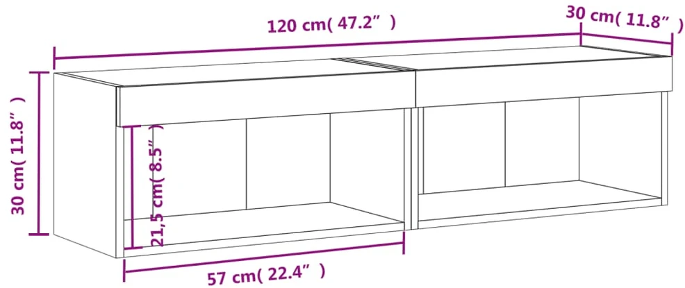 TV staliukas TV spintelės su LED lemputėmis, 2vnt., baltos, 60x30x30cm