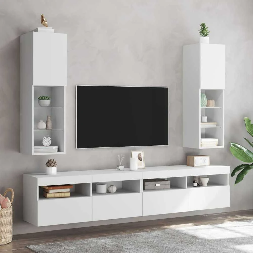 TV staliukas TV spintelės su LED lemputėmis, 2vnt., baltos, 30,5x30x102cm