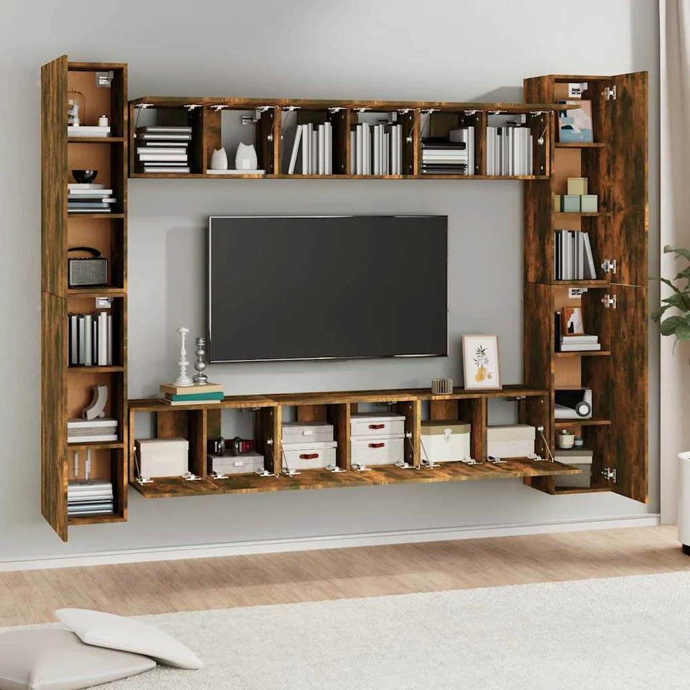 TV staliukas TV spintelių komplektas, 10 dalių, dūminio ąžuolo, mediena