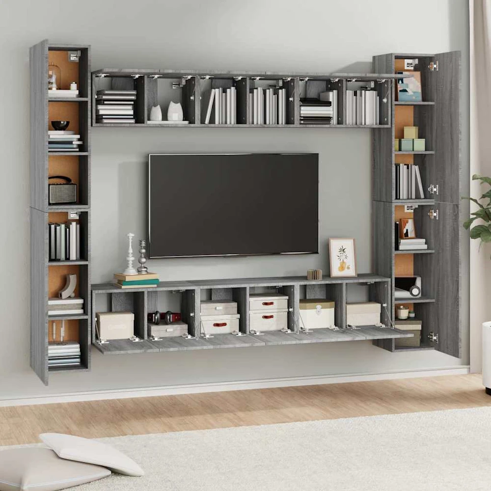 TV staliukas TV spintelių komplektas, 10 dalių, pilkas ąžuolo, mediena