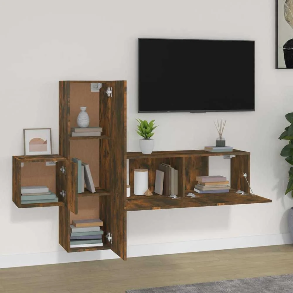 TV staliukas TV spintelių komplektas, 3 dalių, dūminio ąžuolo, mediena