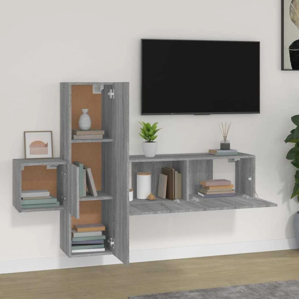 TV staliukas TV spintelių komplektas, 3 dalių, pilkas ąžuolo, mediena