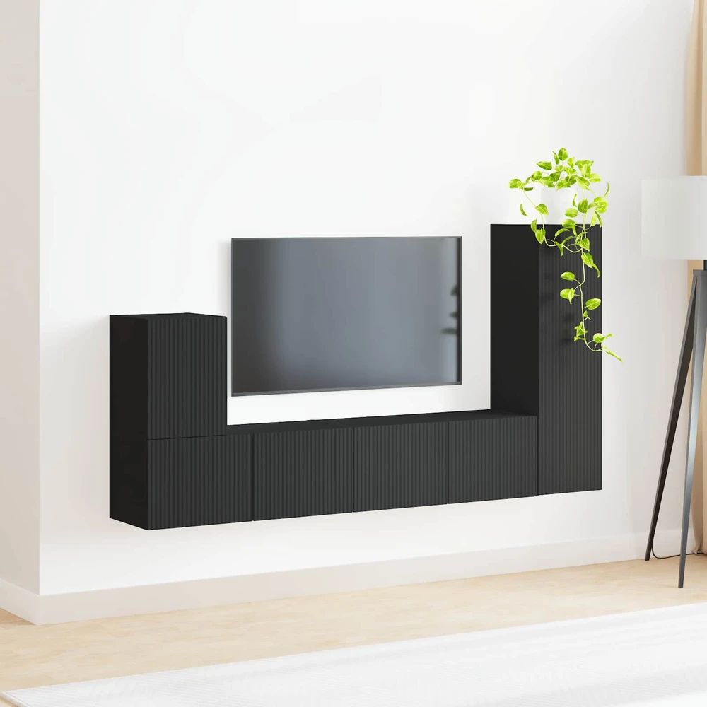 TV staliukas TV spintelių komplektas 3 vnt. Juoda Apdirbta mediena