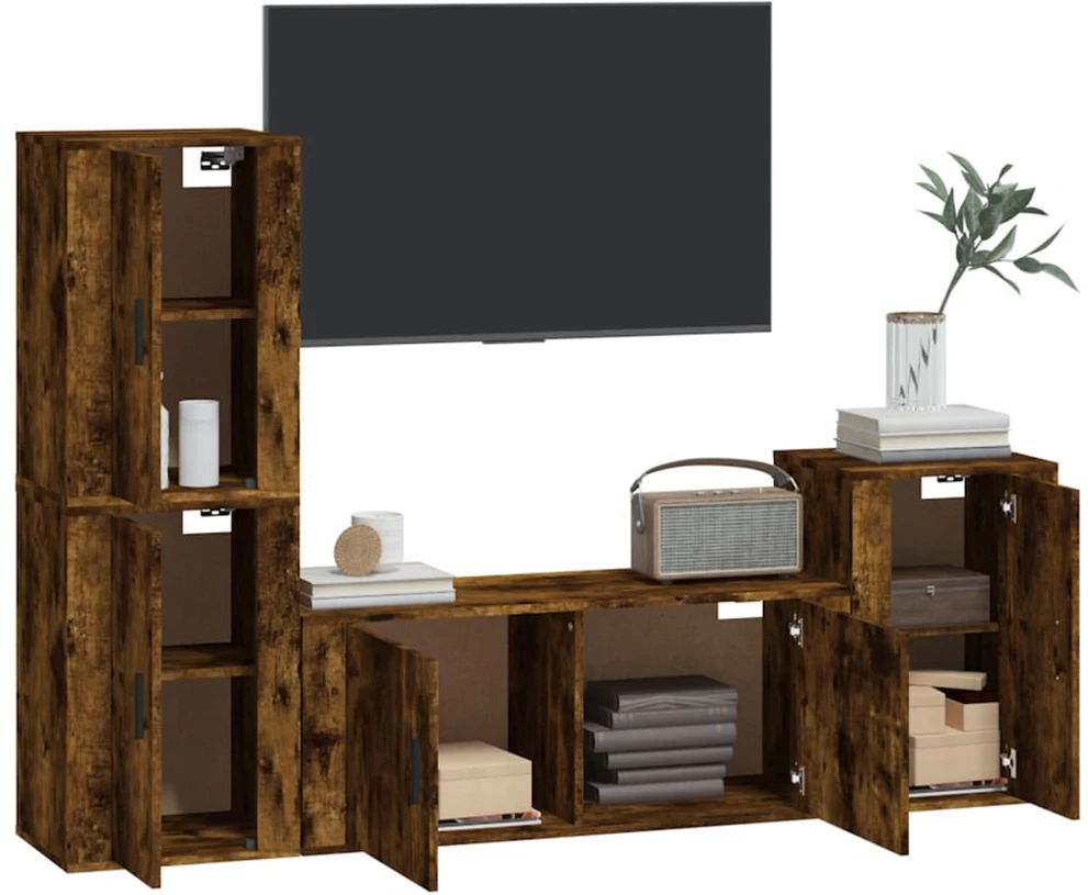 TV staliukas TV spintelių komplektas, 4 dalių, dūminio ąžuolo, mediena