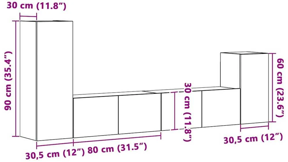 TV staliukas TV spintelių komplektas, 4 dalių, dūminio ąžuolo, mediena