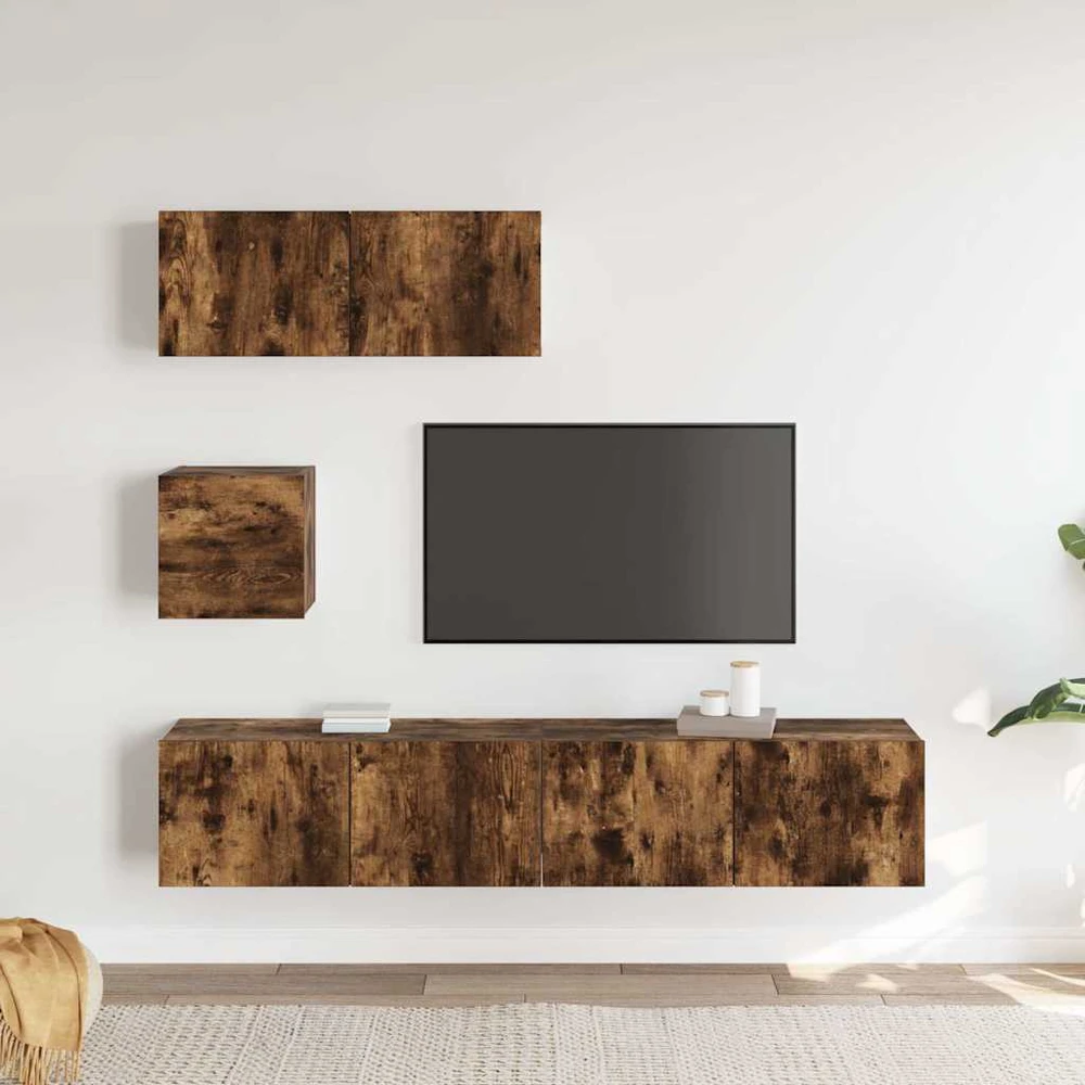 TV staliukas TV spintelių komplektas, 4 dalių, dūminio ąžuolo, mediena
