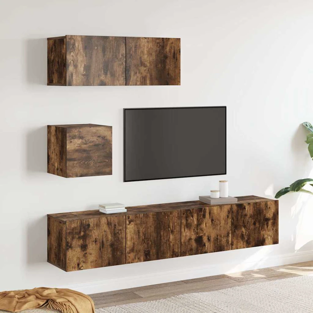 TV staliukas TV spintelių komplektas, 4 dalių, dūminio ąžuolo, mediena