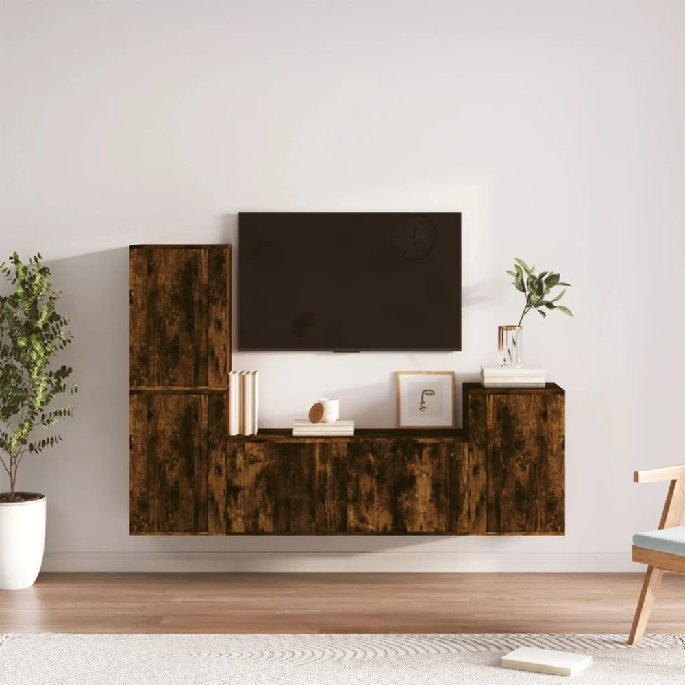 TV staliukas TV spintelių komplektas, 4 dalių, dūminio ąžuolo, mediena