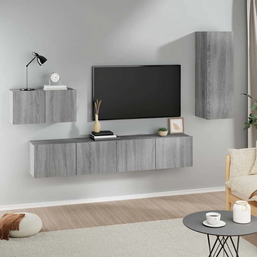 TV staliukas TV spintelių komplektas, 4 dalių, pilkas ąžuolo, mediena