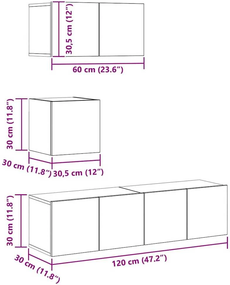 TV spintelių komplektas, 4 dalių, pilkas ąžuolo, mediena