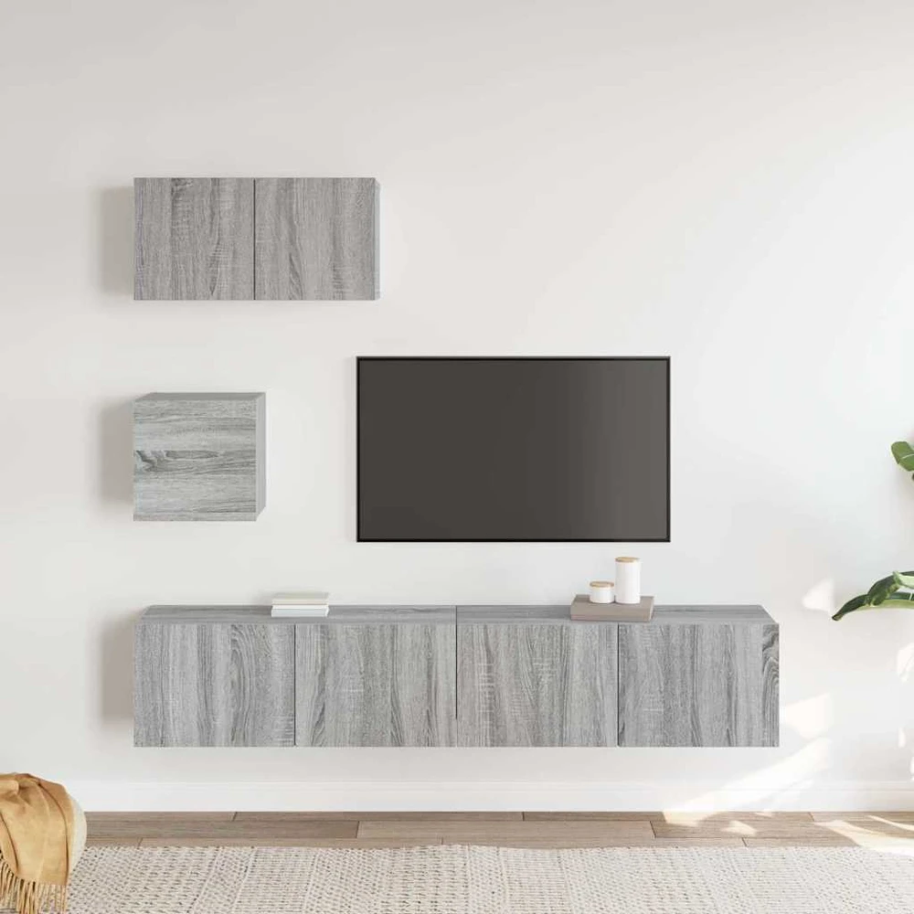 TV staliukas TV spintelių komplektas, 4 dalių, pilkas ąžuolo, mediena