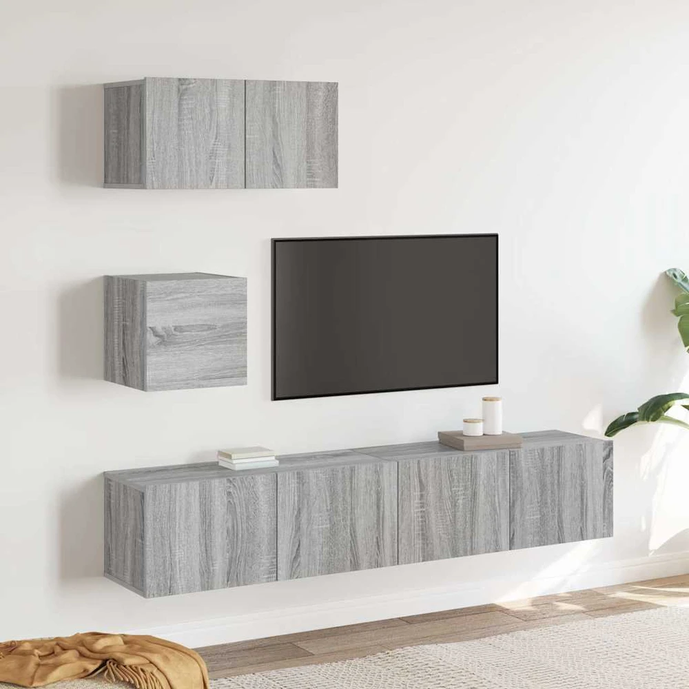 TV staliukas TV spintelių komplektas, 4 dalių, pilkas ąžuolo, mediena