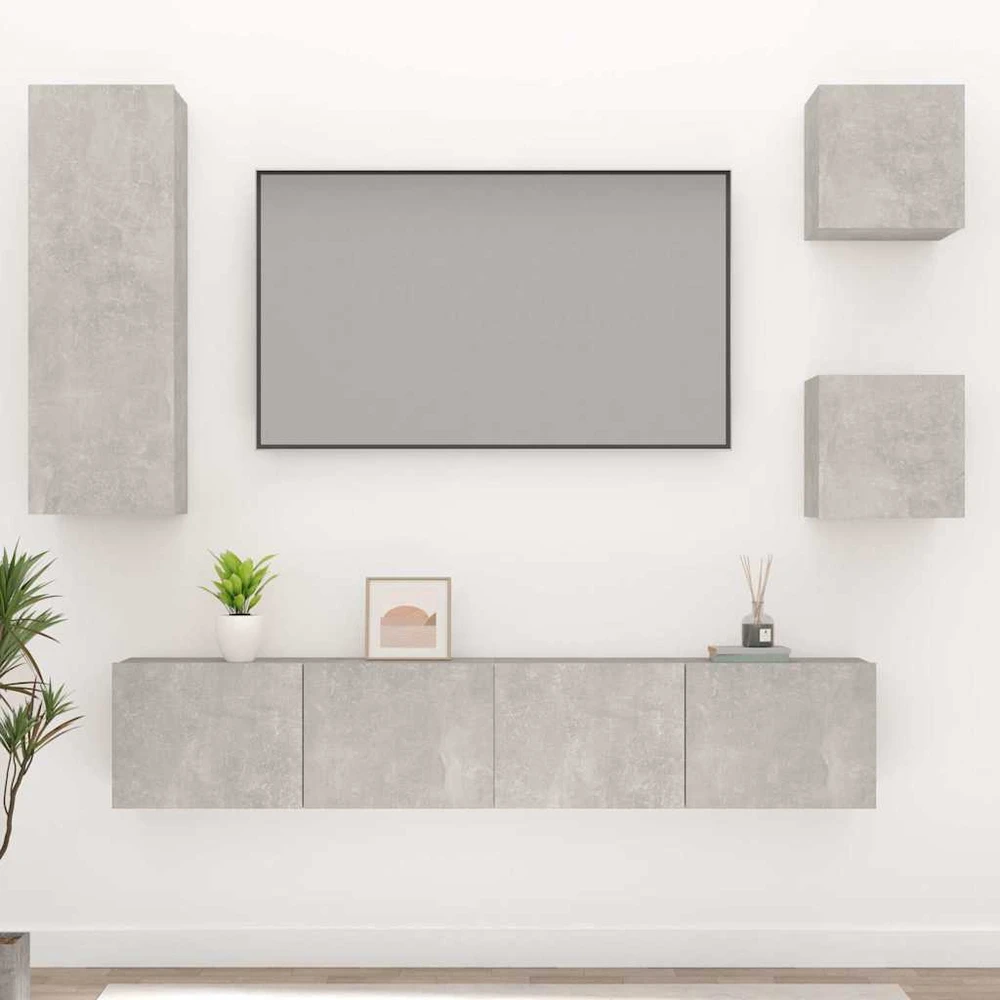 TV staliukas TV spintelių komplektas, 5 dalių, betono pilkas, mediena