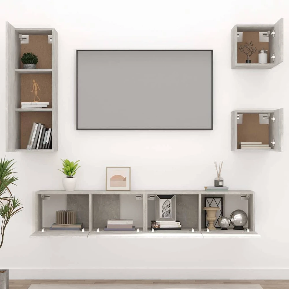 TV staliukas TV spintelių komplektas, 5 dalių, betono pilkas, mediena