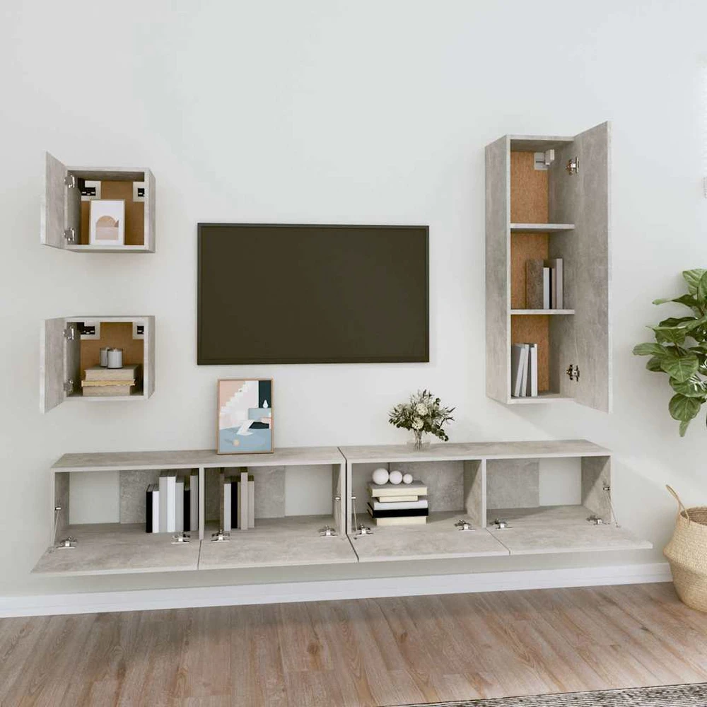 TV staliukas TV spintelių komplektas, 5 dalių, betono pilkas, mediena