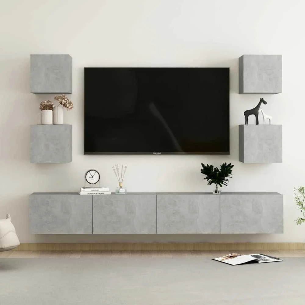 TV staliukas TV spintelių komplektas, 6 dalių, betono pilkas, mediena