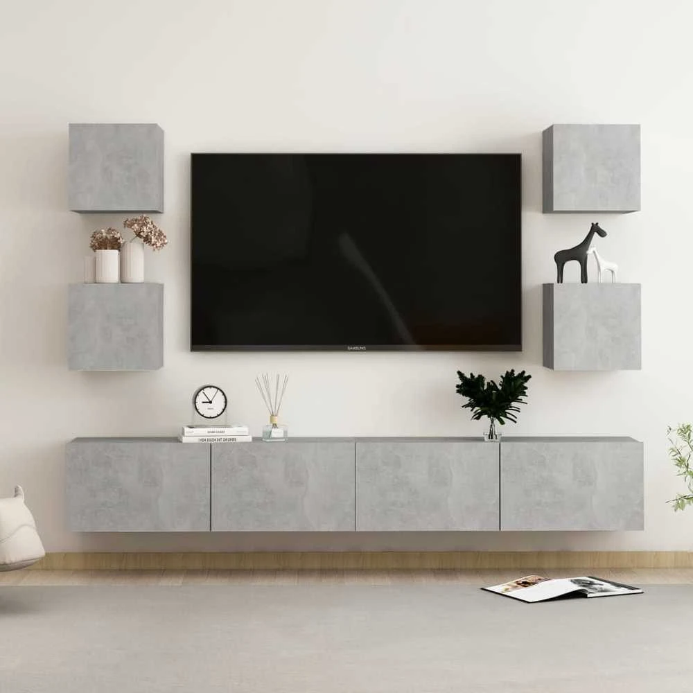 TV staliukas TV spintelių komplektas, 6 dalių, betono pilkas, mediena
