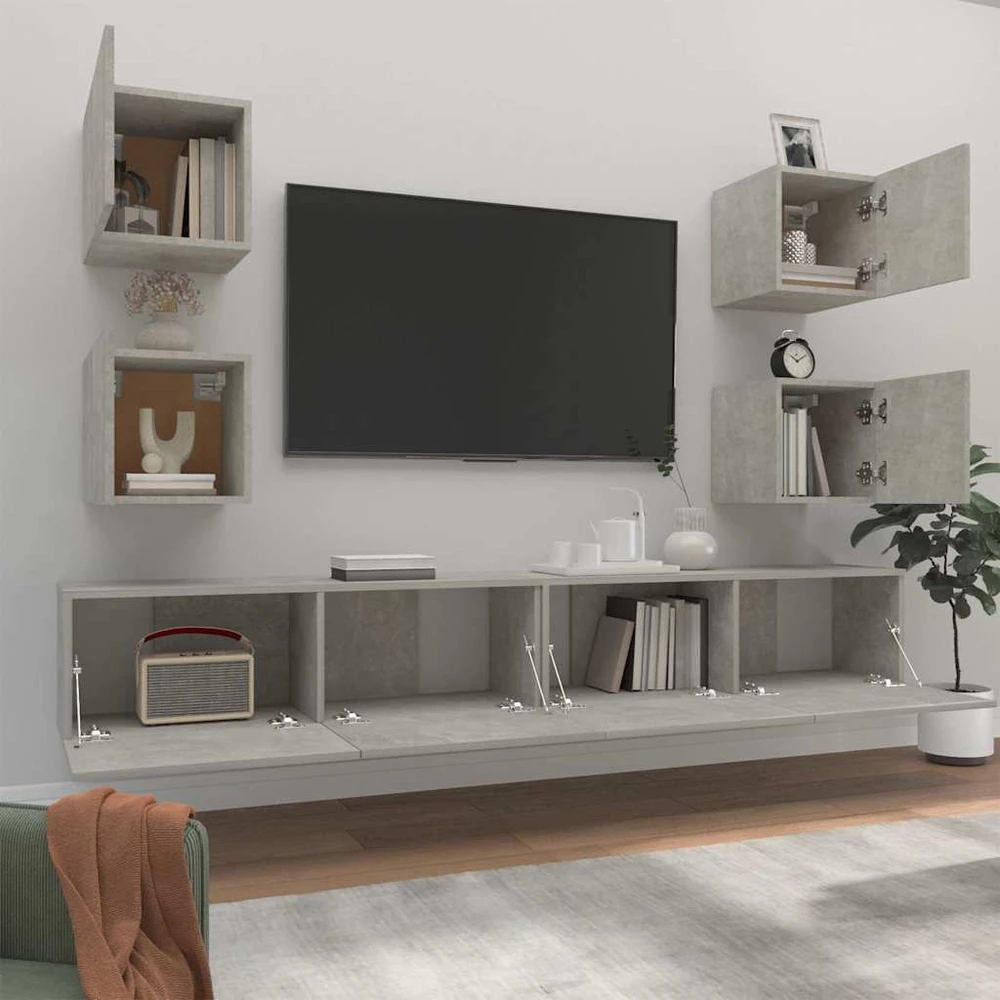 TV staliukas TV spintelių komplektas, 6 dalių, betono pilkas, mediena