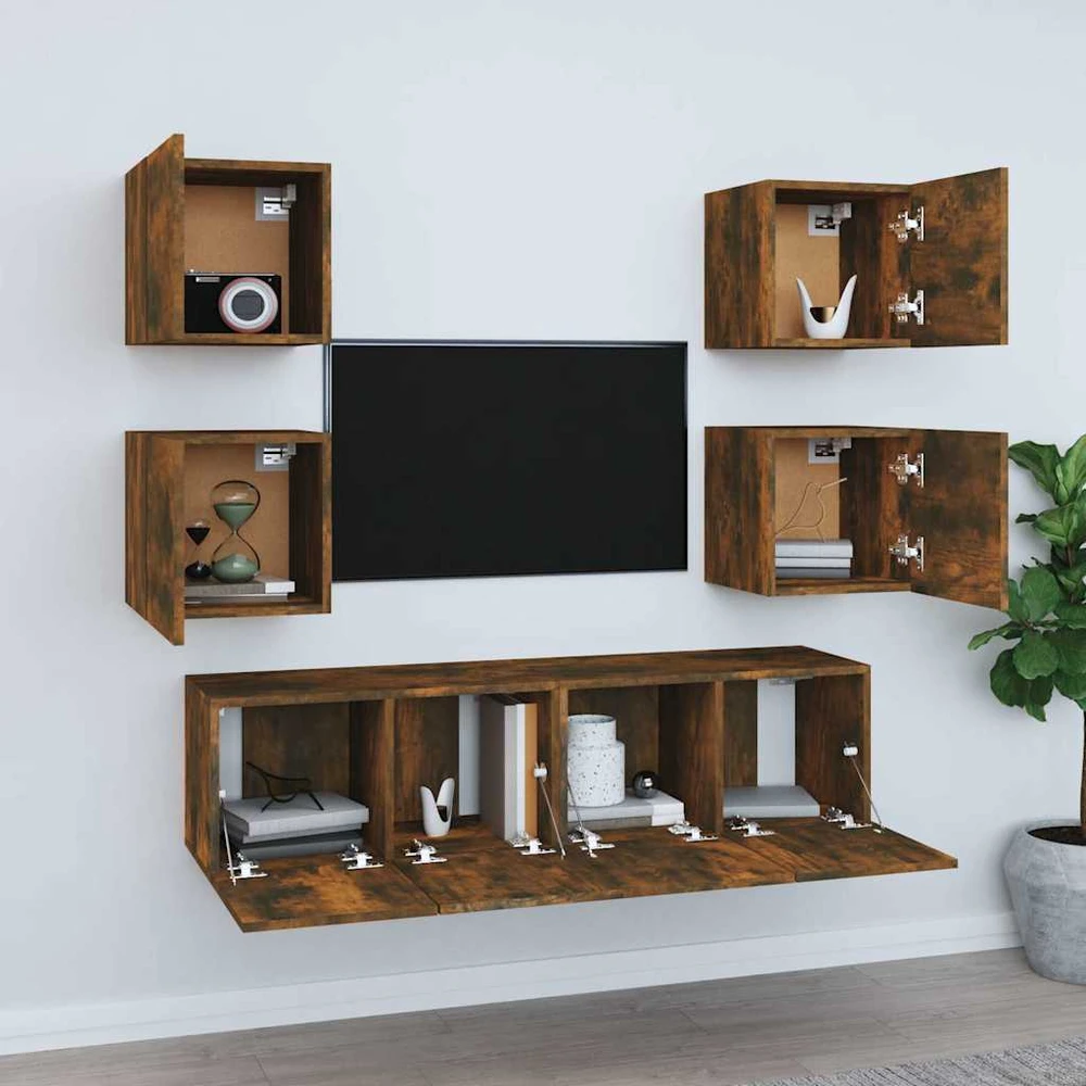 TV staliukas TV spintelių komplektas, 6 dalių, dūminio ąžuolo, mediena
