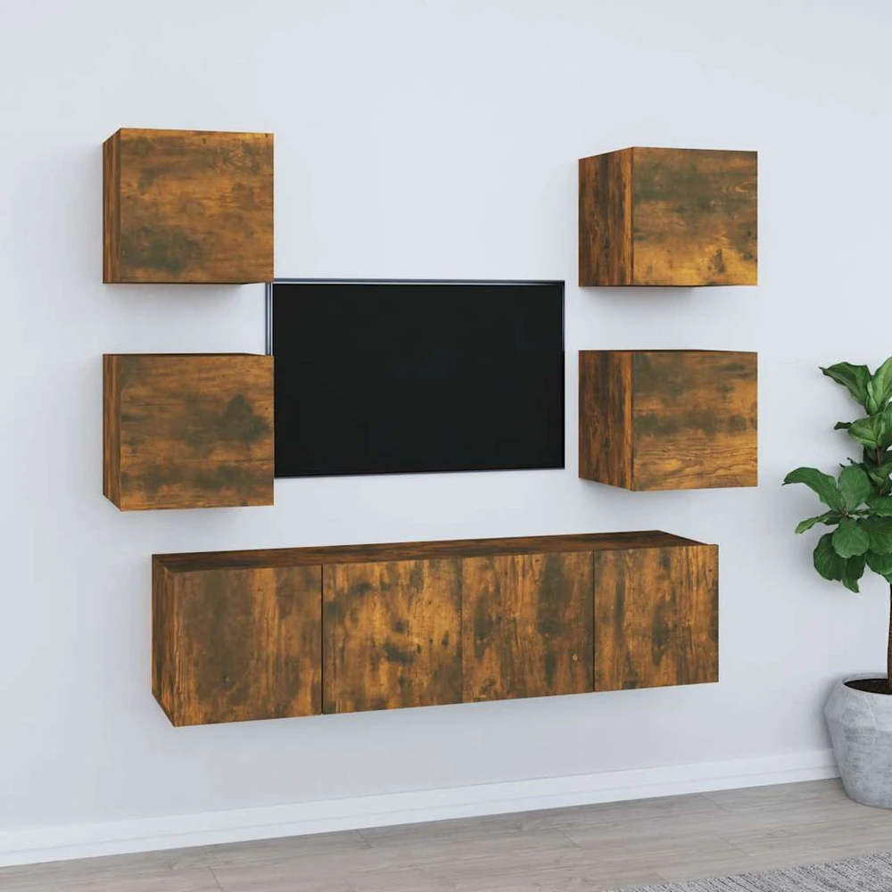 TV staliukas TV spintelių komplektas, 6 dalių, dūminio ąžuolo, mediena