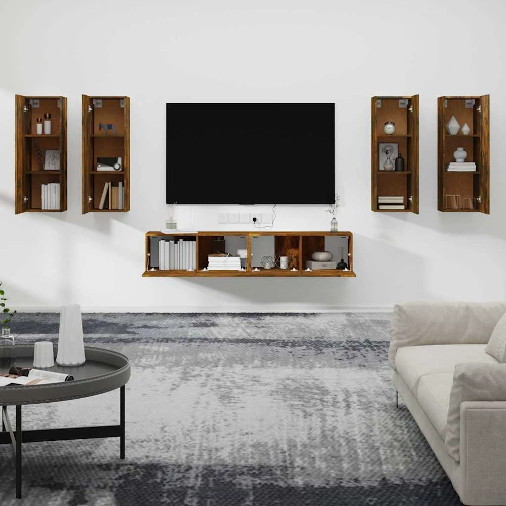 TV staliukas TV spintelių komplektas, 6 dalių, dūminio ąžuolo, mediena