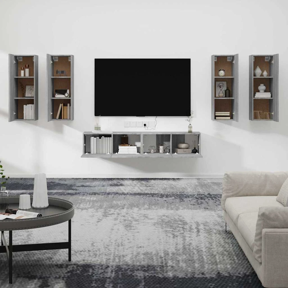 TV staliukas TV spintelių komplektas, 6 dalių, pilkas ąžuolo, mediena