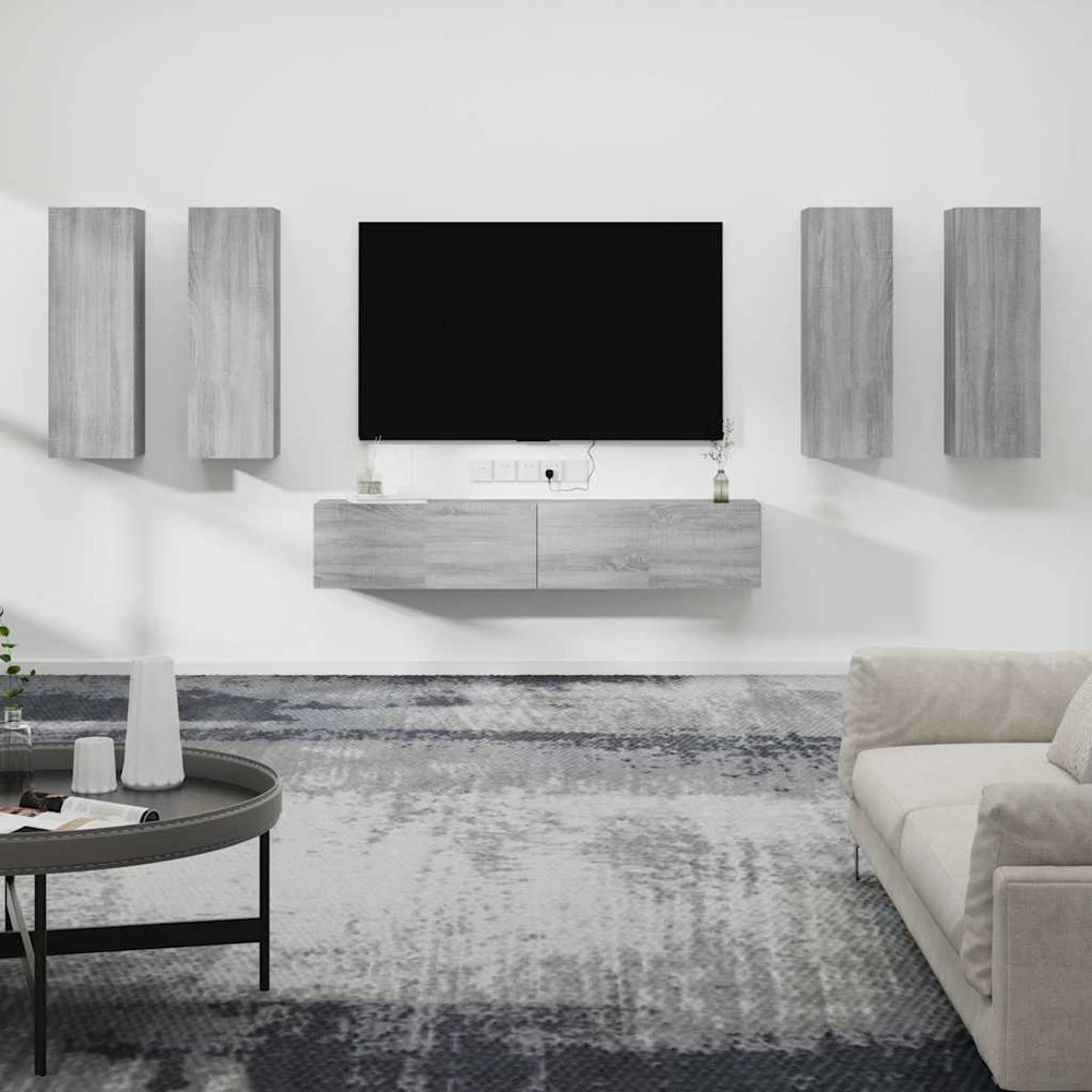TV staliukas TV spintelių komplektas, 6 dalių, pilkas ąžuolo, mediena