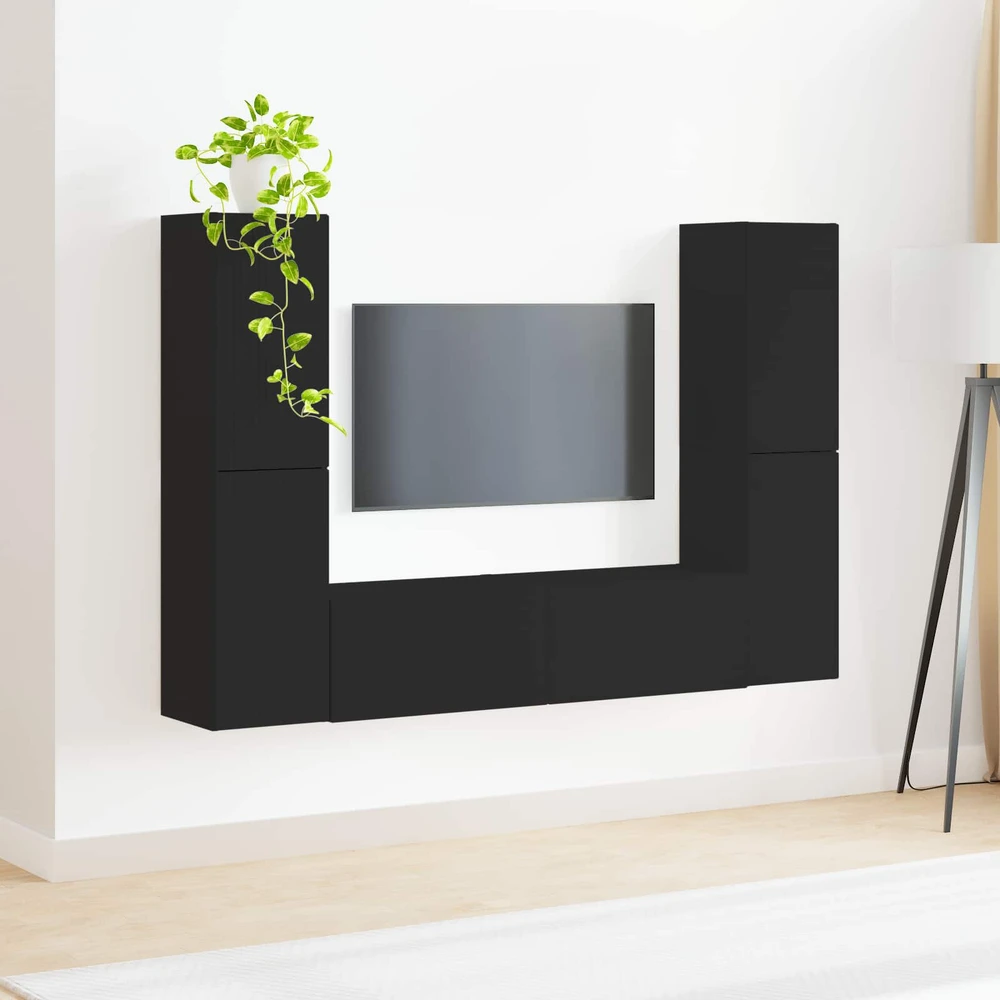 TV staliukas TV spintelių komplektas 6 vnt. Juoda Apdirbta mediena