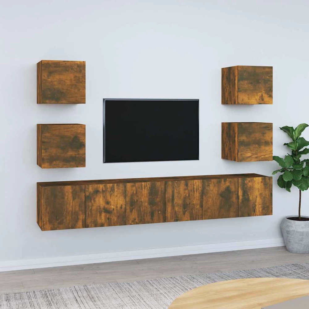 TV staliukas TV spintelių komplektas, 7 dalių, dūminio ąžuolo, mediena