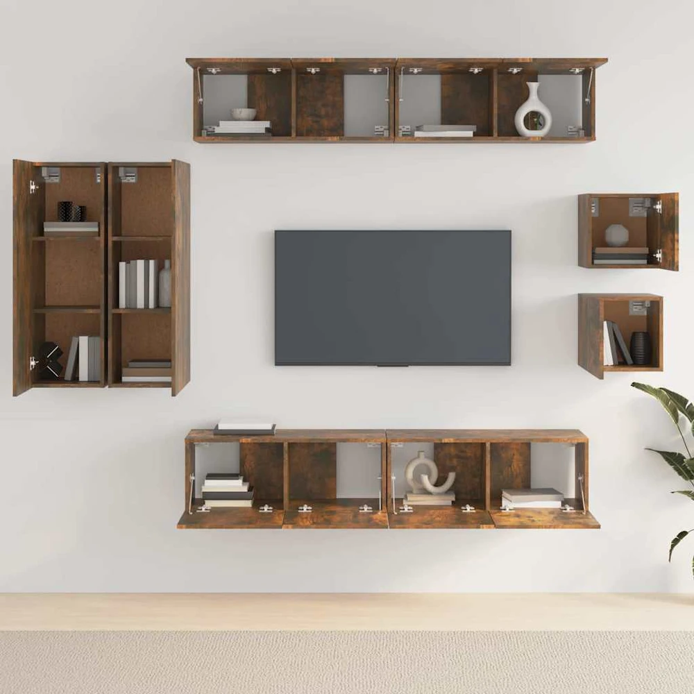 TV staliukas TV spintelių komplektas, 8 dalių, dūminio ąžuolo, mediena