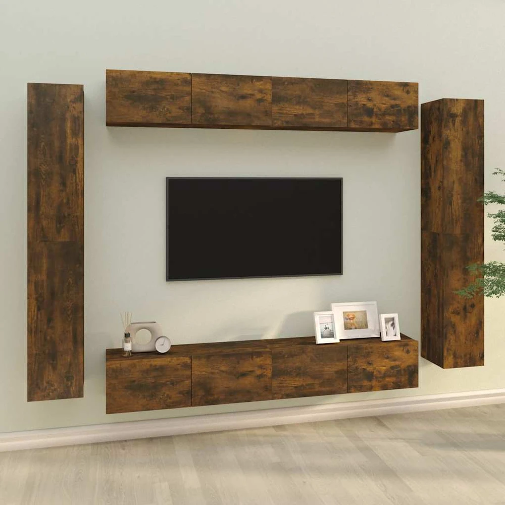 TV staliukas TV spintelių komplektas, 8 dalių, dūminio ąžuolo, mediena